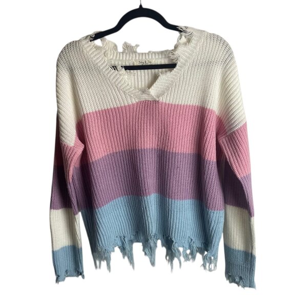 Jolie & Joy Size Large Distressed Striped Ribbed Knit Sweater Purple Blue Pink - Picture 1 of 7